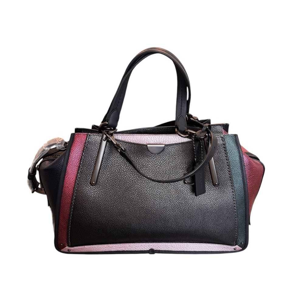 Women's Black Pebbled Satchel with Pink and Teal Accents